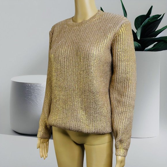 Women Pullover Sweater Gold Foil Knit Size XL Crew Neck Mid Length 1 - Picture 3 of 15